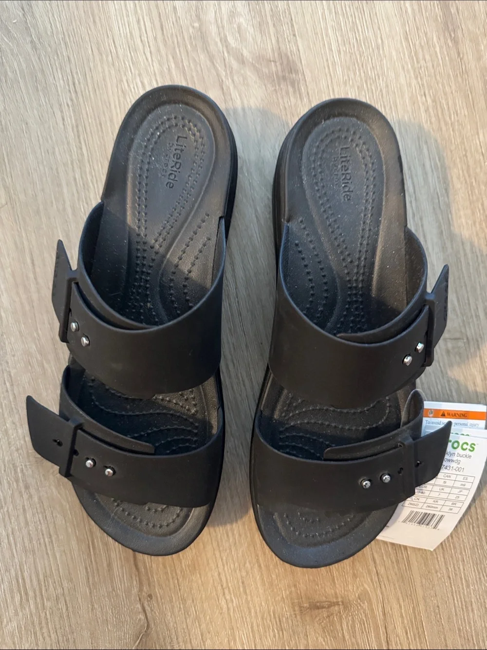 CROCS Black Double Strap Slide Sandals with Silver Stud Fasteners - Picture 2 of 10